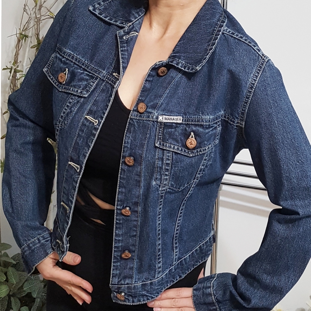 90's-Y2K Manager💙Blue Dark Washed Lined Short Denim Jacket